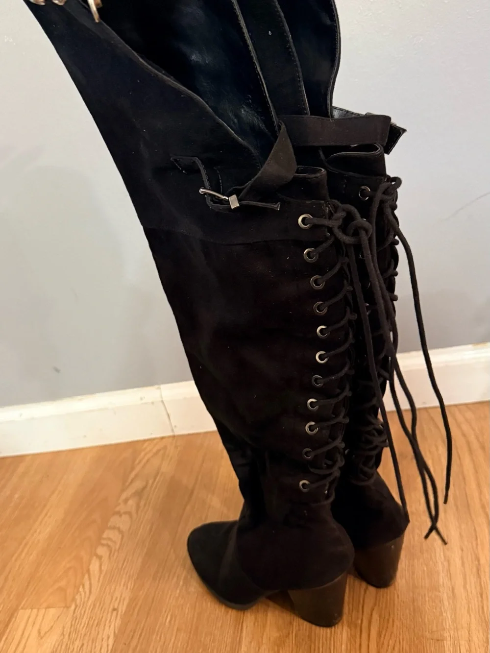 Women's Black Over-the-Knee Lace-Up Buckle Boots
